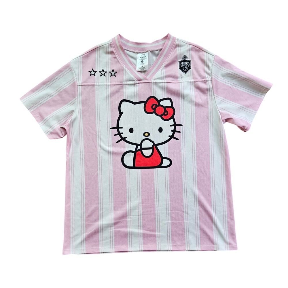 Hello Kitty Sanrio Pink White Striped Football Jersey Shirt Womens Medium "00"